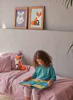 fox and koala prints, fox cushion, pink organic cotton duvet cover for the kids room